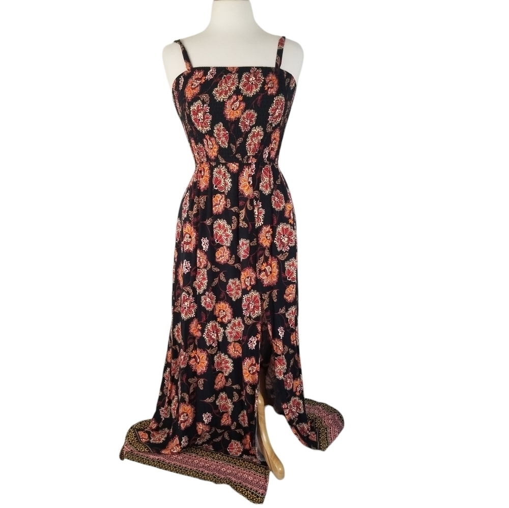 Band of Gypsies Floral Print Smocked Maxi Dress Side Slit Pockets Size M Boho